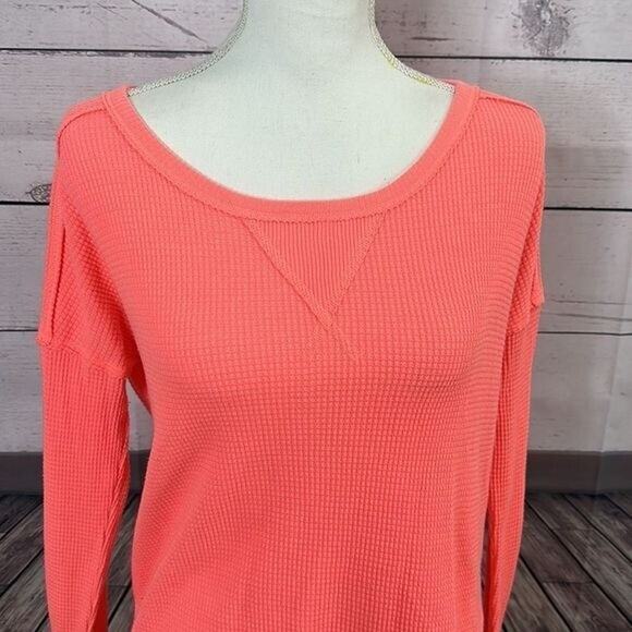 We The Free Shirt Womens XS Pink Orange Vibrant Waffle Boxy Boho Peasant Thermal - Picture 8 of 11